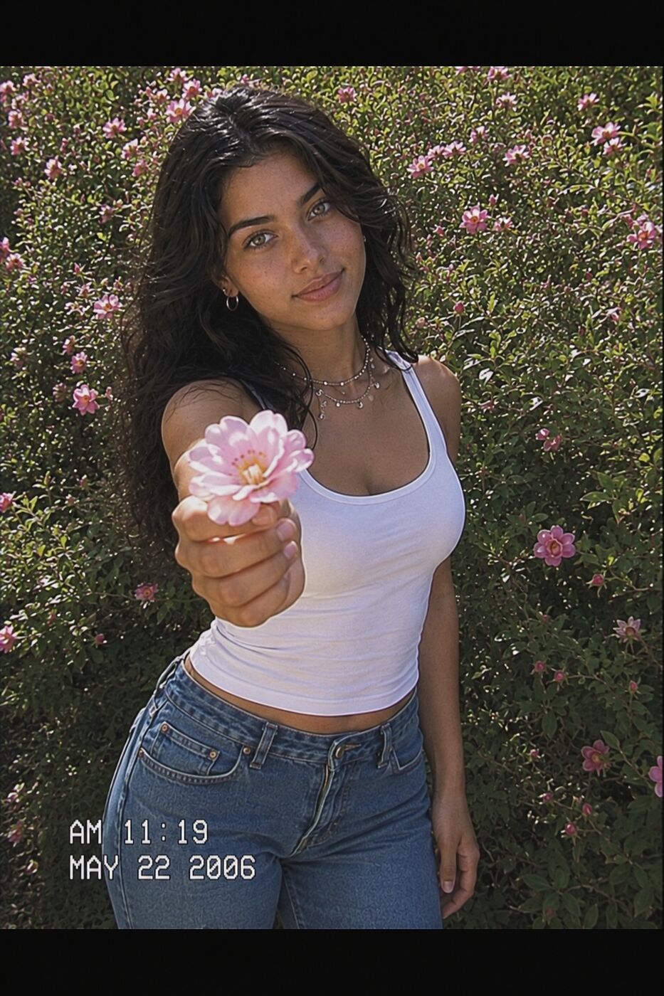 Deva holding out a flower in a garden, vintage film style