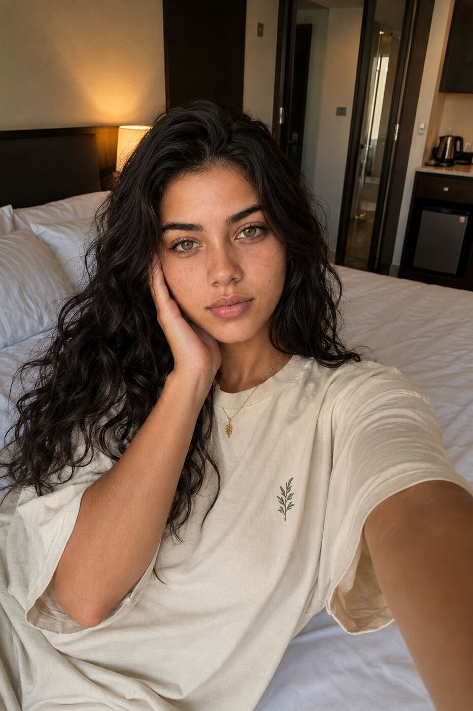 Deva resting her head on her hand in a hotel room